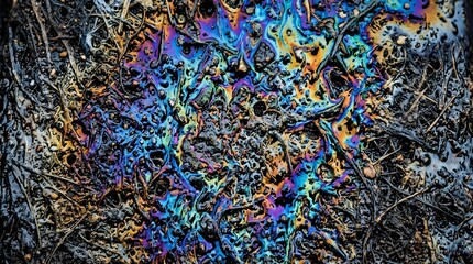 Obraz premium Iridescent rainbow oil slick contaminating natural soil and roots illustrating environmental pollution and hazardous toxic waste spills