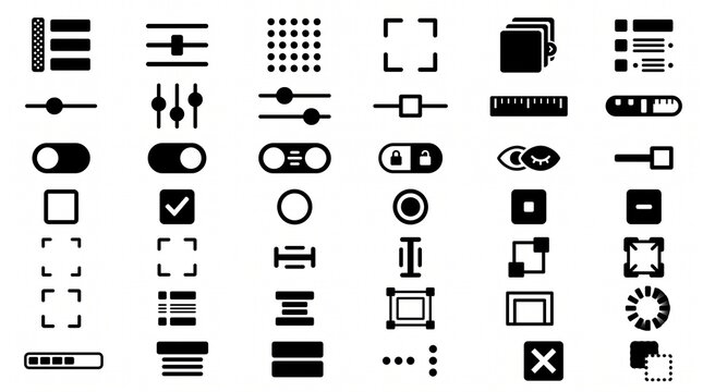 Minimalist UI UX user interface icons set, black monochrome web design controls set, essential mobile app settings and toggle symbols collection