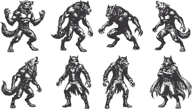Collection of diverse werewolf figures in dynamic poses during a dark night conceptualized as a gothic illustration for fantasy narratives