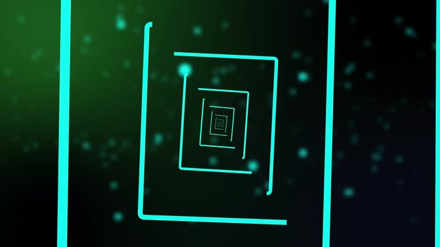 Cyan rotating square tunnel with nested geometric frames, glowing particles, dark green background, and futuristic depth for cinematic motion graphics