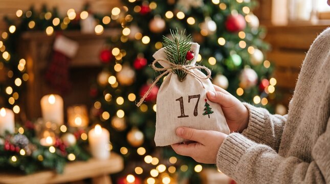 Child's hands holding linen advent calendar bag with number 17, warm bokeh lights and christmas tree in background, cozy festive atmosphere