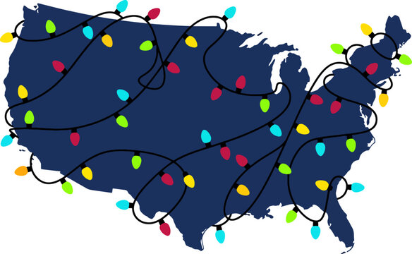 United states map decorated with colorful string lights for festive holiday themes