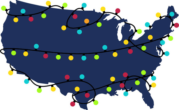 United states map with colorful christmas string lights outline holiday decoration