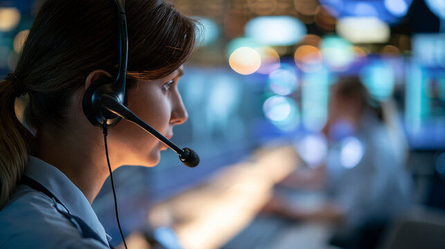 Faceless woman at an emergency response center calmly handling urgent calls with focus, professional crisis management concept, with copy space