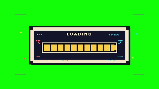 Loading bar progress animation with retro eight bit digital style graphics for computer system interface and creative gaming design footage