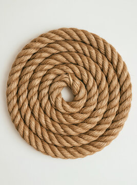 Top view of coiled natural jute rope rolled in a neat round spiral circle shape isolated on clean white background.