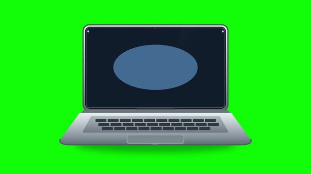 Modern silver laptop computer displaying dynamic circular animation motion on a vibrant green screen background for professional media project editing