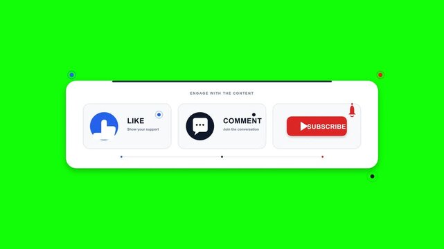 Social media interaction buttons motion animation featuring like comment and subscribe icons on a clean white background for digital content
