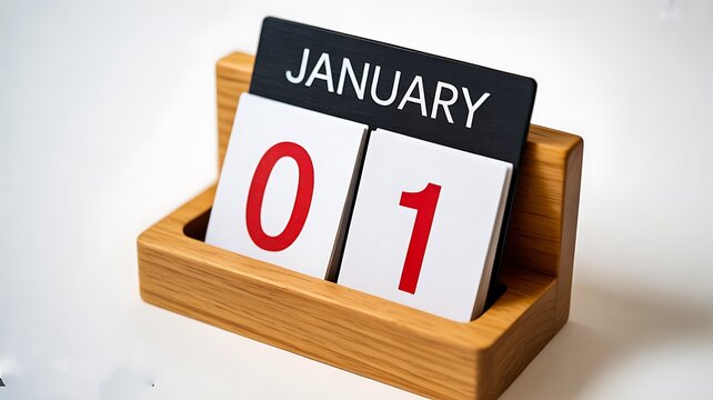 January 1 calendar date displayed on a wooden desk organizer