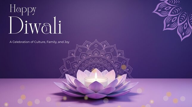 Happy Diwali Greeting Card Banner with Lotus Candle and Mandala &ndash; Purple Festive Background