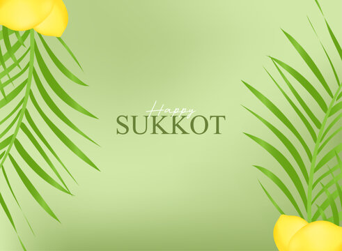 Happy Sukkot holiday background with elegant green palm leaves, yellow etrog fruits, soft gradient lighting, and centered greeting typography for seasonal Jewish celebration designs.
