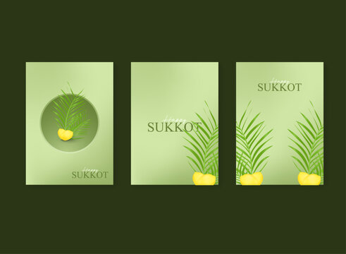 Sukkot holiday greeting card template set featuring realistic 3D vector etrog fruit, palm leaves, soft green backgrounds, and elegant seasonal typography.