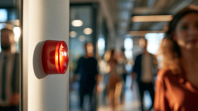 Red fire alarm button mounted on a bright wall, defocused employees evacuating an office visible in the background, safety and alert system concept, with copy space