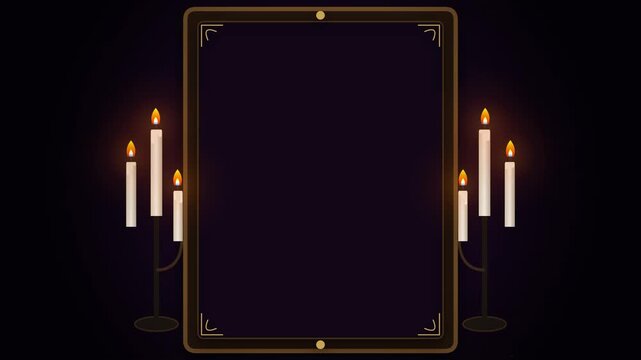 Mystical Rectangular Frame with Burning Candles on Dark Background