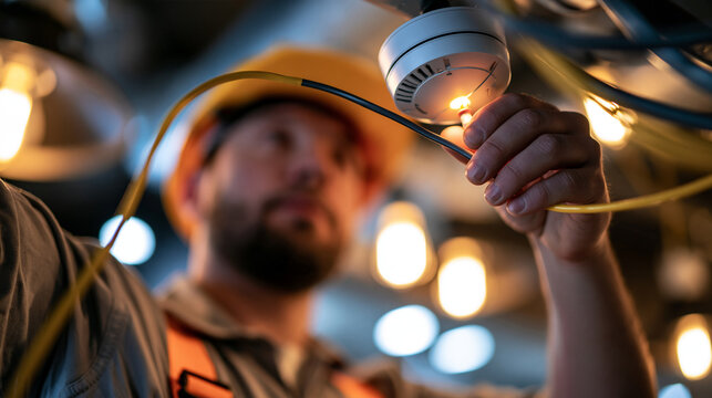 Faceless electrician installing and wiring a ceiling fire sensor inside a commercial kitchen, smoke alarm maintenance concept, with copy space