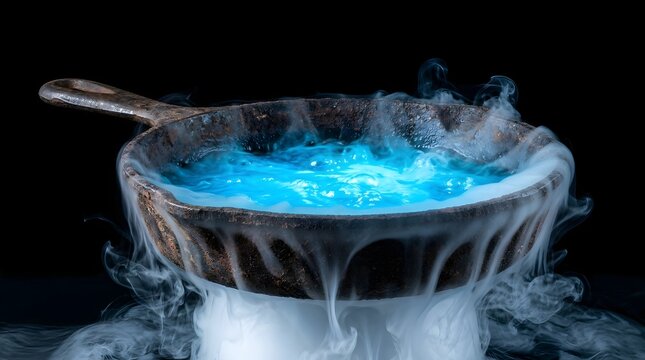 Rusted iron skillet containing bubbling blue liquid nitrogen with heavy smoke illustrating extreme cold physics and cryogenic laboratory experiments