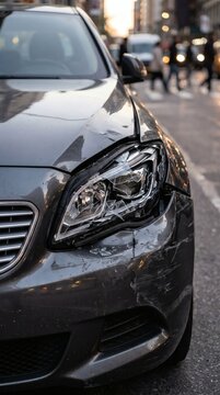 Damaged grey car with broken headlight in urban street accident