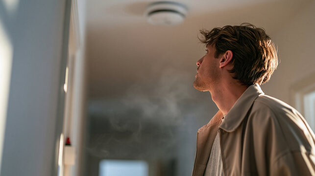 Alert faceless man looking up at a ceiling smoke detector alarm in a hallway, drifting smoke from a faulty electrical outlet causing a domestic fire hazard, with copy space