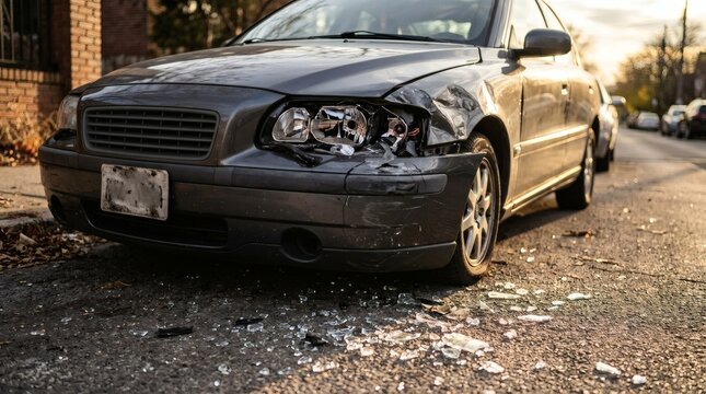 Damaged grey car with broken headlight parked on city street