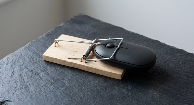 Cybersecurity Metaphor with Wireless Computer Mouse Trapped in Wooden Snap Trap