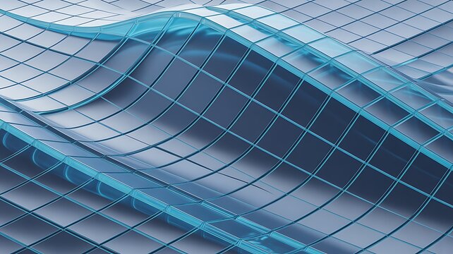 Layered glass blue Geometric shapes wave abstract 3d render background. Modular block structure of Cloud computing concepts, IT corporate websites, or blockchain UI app interface design layouts.