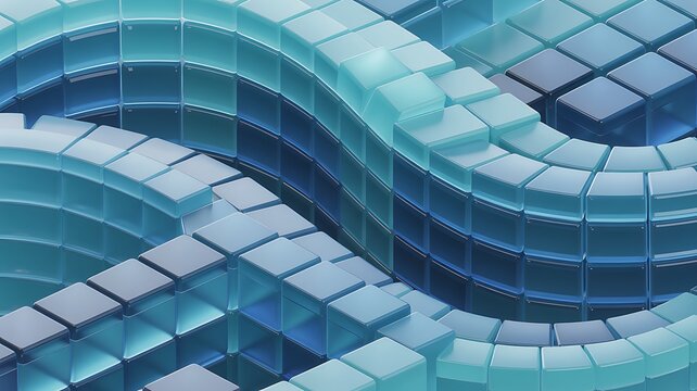 Layered glass blue Geometric shapes wave abstract 3d render background. Modular block structure of Cloud computing concepts, IT corporate websites, or blockchain UI app interface design layouts.