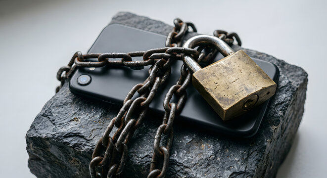 Cyber Security Concept with Anonymous Mobile Phone Locked with Chains and Padlock