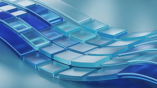 Layered glass blue Geometric shapes wave abstract 3d render background. Modular block structure of Cloud computing concepts, IT corporate websites, or blockchain UI app interface design layouts.