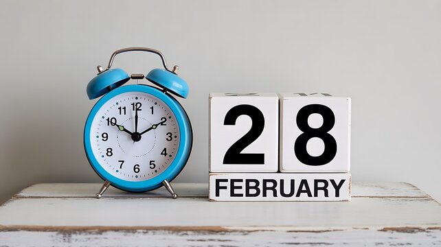 February 28 calendar date with blue alarm clock on a wooden table
