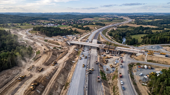 Aerial view of a large highway construction site with heavy machinery, earthworks, and a concrete overpass bridge spanning across a rural landscape under a cloudy sky