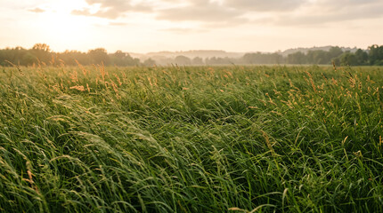 Obraz premium Dense field of tall green grass swaying in the wind under a soft golden sunset sky with distant hazy trees on the horizon
