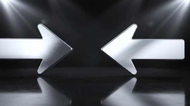 Metallic arrows pointing toward each other on a dark reflective