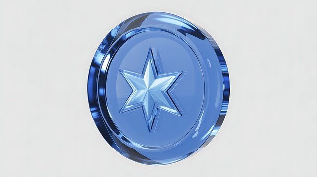 Coin with star concept. Blue glass token coin isolated on transparent background - 3d rendering