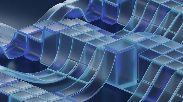 Layered glass blue Geometric shapes wave abstract 3d render background. Modular block structure of Cloud computing concepts, IT corporate websites, or blockchain UI app interface design layouts.