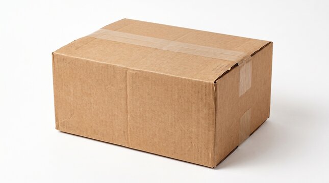 Cardboard box sealed with packing tape, brown shipping carton for delivery, post package container for e-commerce logistics isolated PNG with Transparent Background