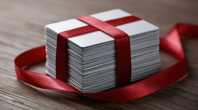 Stack of blank gift cards wrapped with red ribbon on wooden table representing christmas gifting and prepaid shopping