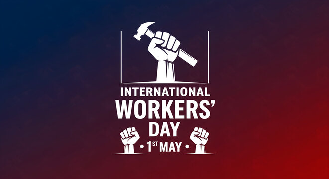 International Workers Day Celebration Graphic Featuring Raised Fists and Hammer Symbolism on a Gradient Background for Labor Rights Awareness