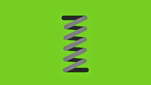 3D animation of a metal coil spring compressing and expanding on a chroma key green screen background.