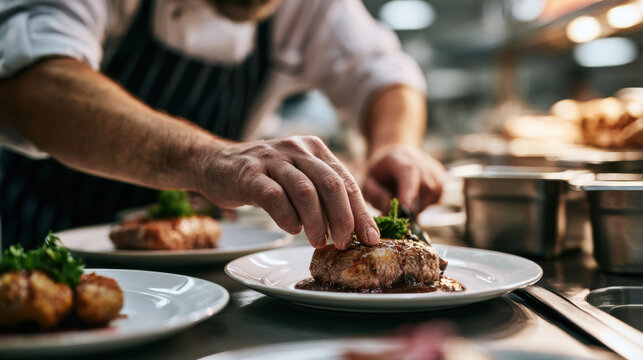 Chef plating roasted meat with garnish for a festive christmas dinner in a professional restaurant kitchen