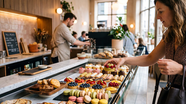 Woman selecting a fruit tart from a glass display case at a bakery counter, with a barista working in the background