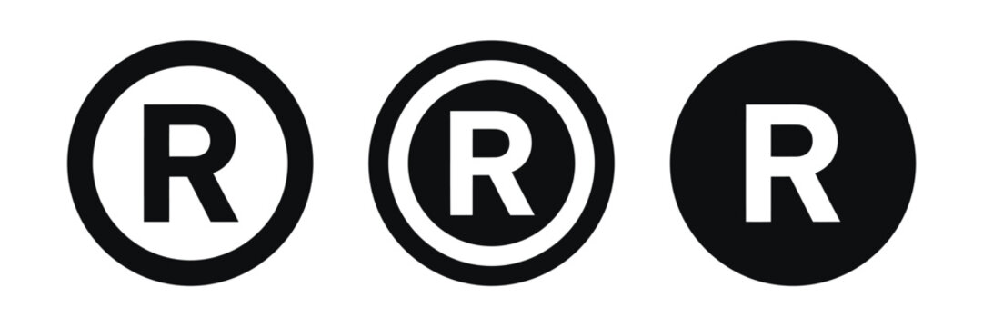 Registered trademark symbol icon set. Black registered mark symbols in outline, double circle, and solid styles for branding, intellectual property, copyright, legal protection, and business design.