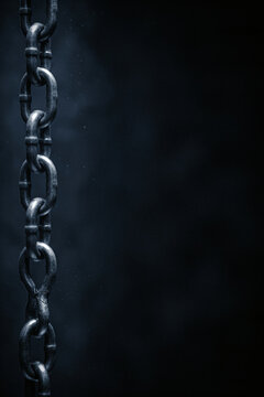 Heavy duty industrial chain hanging vertically with one cracked weak link on a dark blue background, supply chain tension, concept