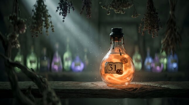 Halloween magic potion bottle on wooden shelf. Glowing orange liquid with number thirty-one label and dried herbs hanging. Spooky witch workshop background