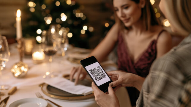 Restaurant customer scanning a qr code menu on smartphone during an elegant christmas dinner with friends