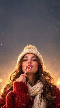 Young woman wearing cozy winter knit hat and scarf enjoying a red and white candy cane in snowy landscape with warm golden hour lighting and festive holiday atmosphere outdoors during the Christmas se