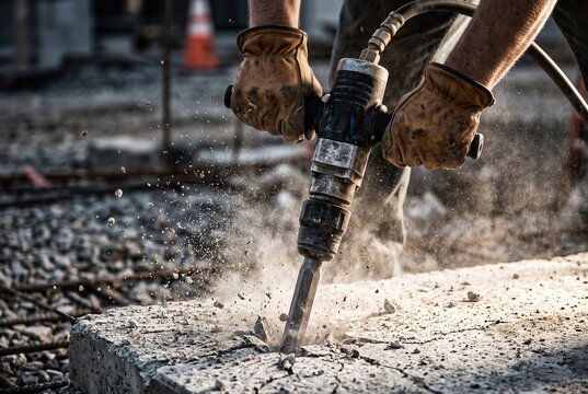 Close-up of a construction worker in protective leather gloves using a powerful pneumatic jackhammer to break hard concrete, with dust and flying debris.
