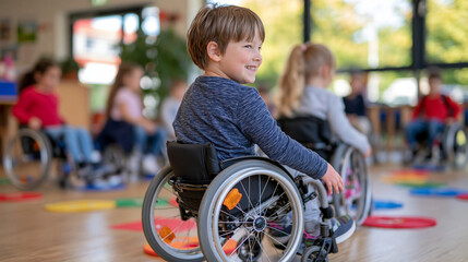Obraz premium Diverse children viewed from behind while participating in an interactive classroom game, including students in wheelchairs actively contributing with their classmates, colorful floor markers and ed