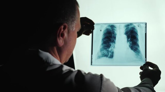 Doctor examines x-ray of human lungs doctor looks at the x-ray of the lungs on a light background concept of medical diagnostics.