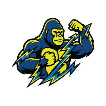 Gorilla Mascot Flexing Muscles Surrounded by Lightning Bolts Vector Logo