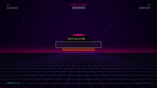 A stylish retro arcade game interface featuring an initializing progress bar neon grid perspective and a sunset aesthetic for a nostalgic eighties gaming atmosphere.
